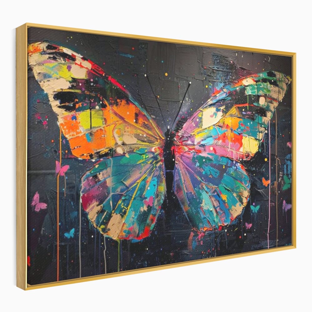 Tablou canvas cu tablou canvas cu fluture multicolor, in rama de aluminiu auriu